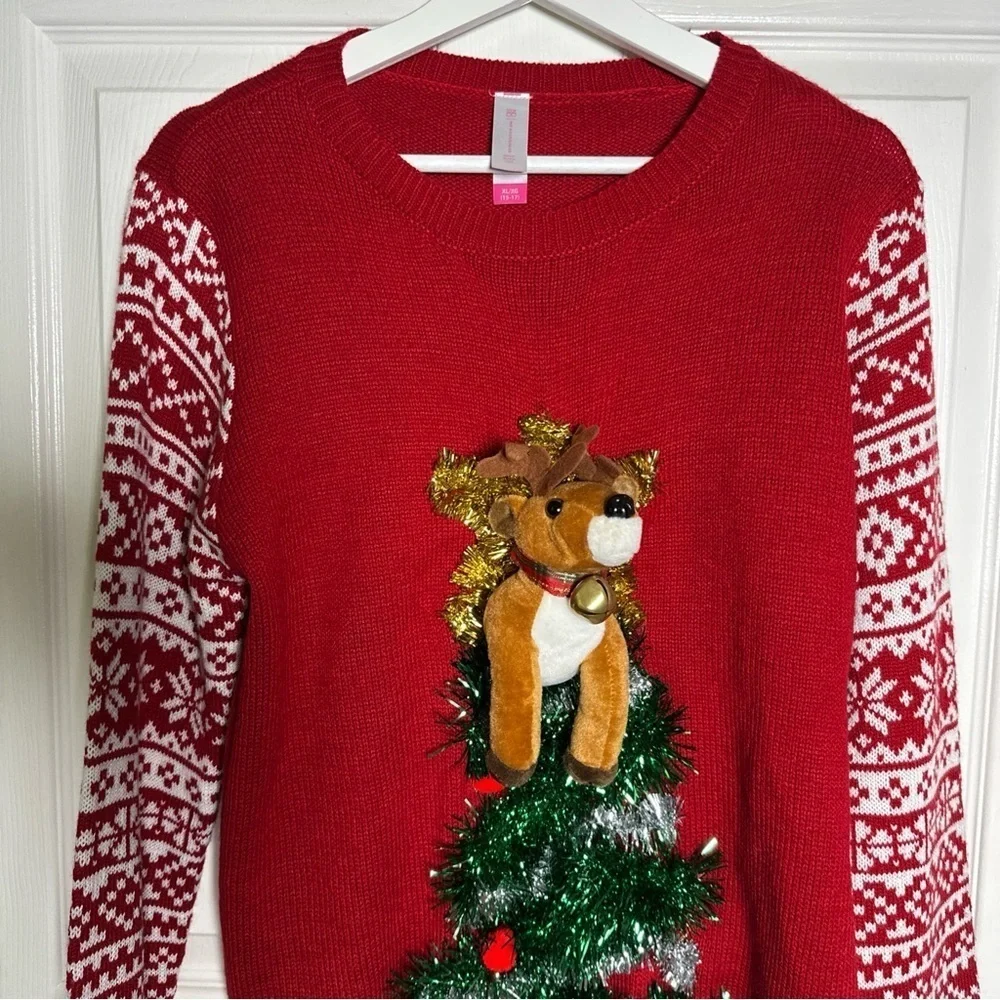 Ugly Christmas Sweater Juniors Womens 3D Pop Out Reindeer Tinsel Bell  Medium